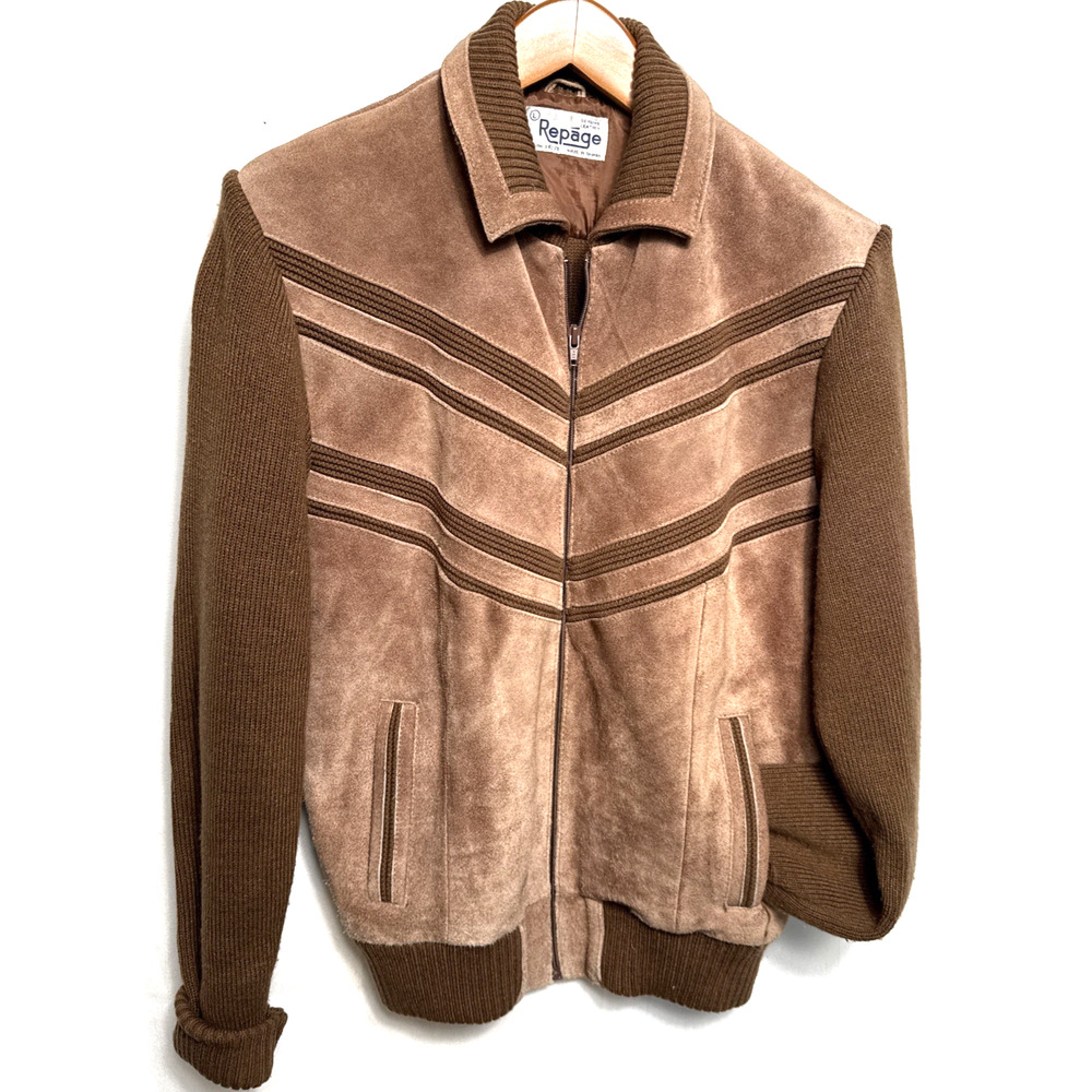 Vintage Repage Leather Sweater Men’s Large Cardigan Pockets 1970 Grandpacore EUC